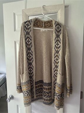 Lucky Brand Beige Open Fair Isle Cardigan with Navy & Mustard Trim